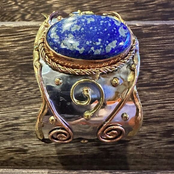 Artisan 2-Inch Wide Lapis Lazuli Cuff Bracelet, Adjustable‎ Mixed Metals, Gift R - Picture 2 of 13